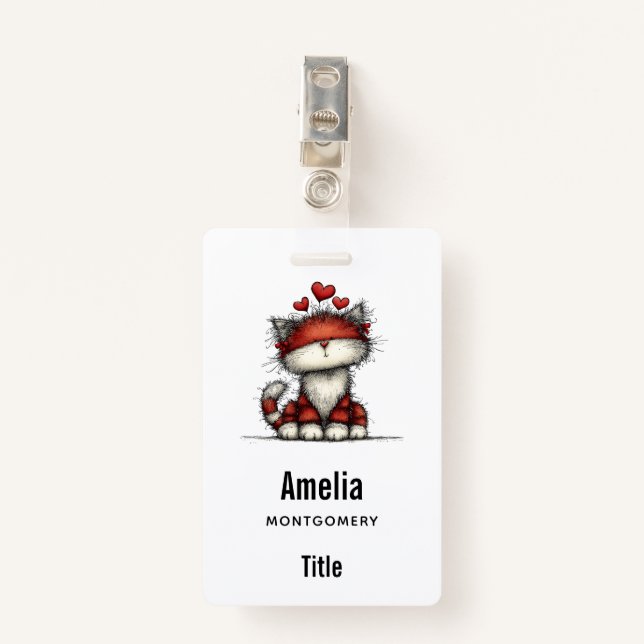 Cat with Red Hearts Cute and Fun ID Badge (Front with Clip)