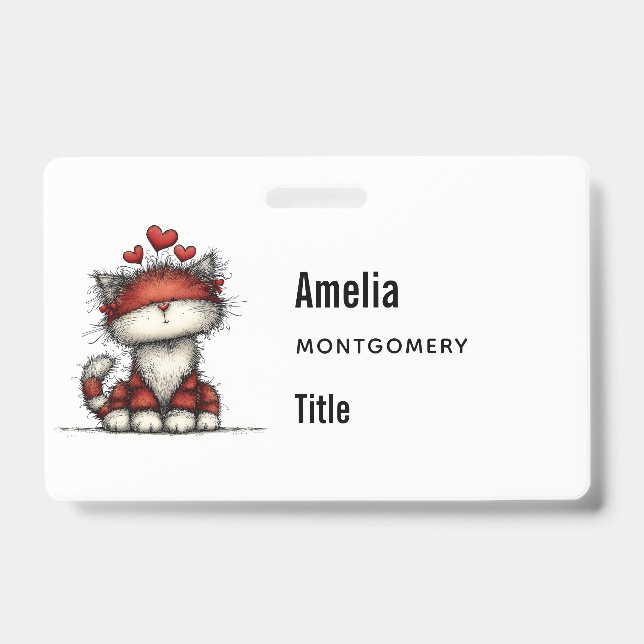 Cat with Red Hearts Cute and Fun ID Badge (Front)