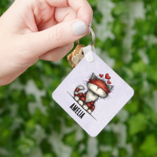 Cat with Red Hearts Cute and Fun Key Ring