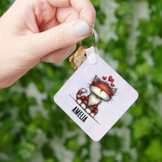 Cat with Red Hearts Cute and Fun Key Ring (Hand)