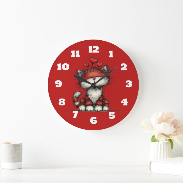 Cat with Red Hearts Cute and Fun Large Clock (Home)