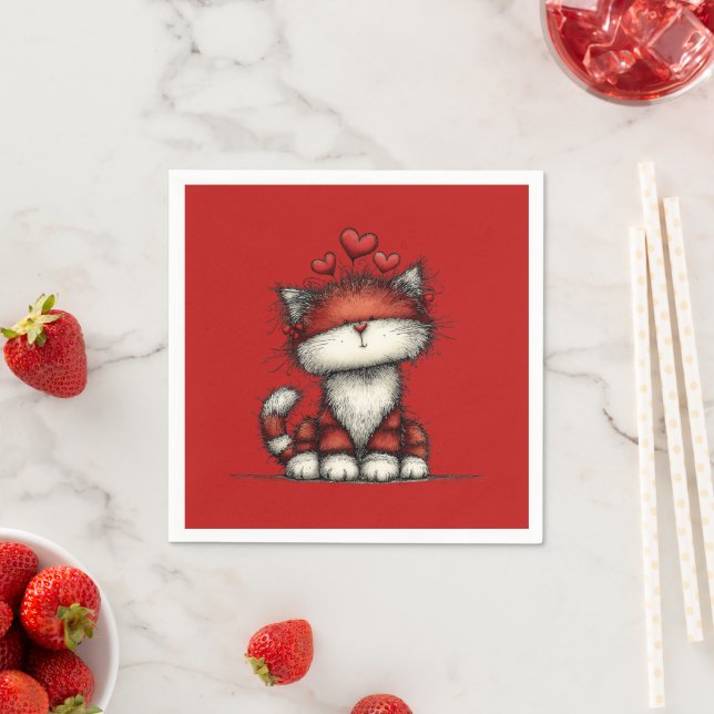 Cat with Red Hearts Cute and Fun Napkin (Insitu)
