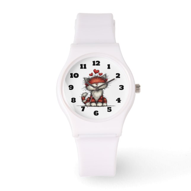 Cat with Red Hearts Cute and Fun Watch (Front)
