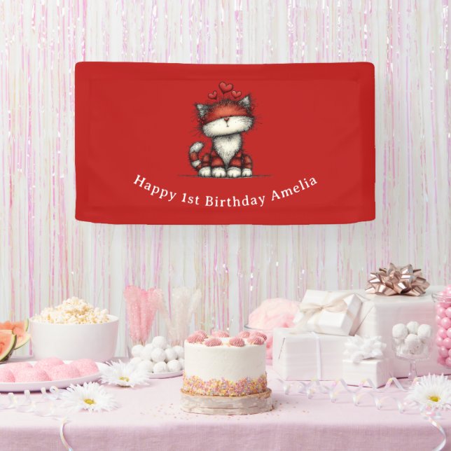 Cat with Red Love Hearts Cute and Fun Birthday Banner (Party)