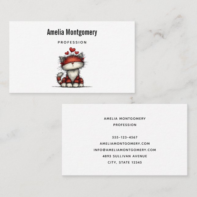 Cat with Red Love Hearts Cute and Funny Business Card (Front/Back)