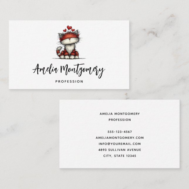 Cat with Red Love Hearts Cute and Funny Business Card (Front/Back)