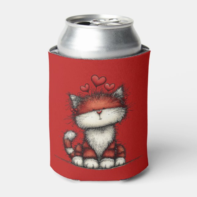 Cat with Red Love Hearts Cute and Funny Can Cooler (Can Front)