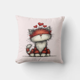 Cat with Red Love Hearts Cute and Funny Cushion