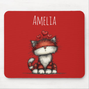 Cat with Red Love Hearts Cute and Funny Mouse Pad