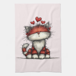 Cat with Red Love Hearts Cute and Funny Tea Towel