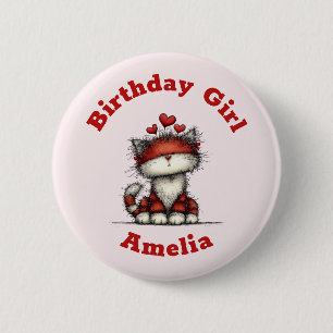 Cat with Red Love Hearts Cute Birthday Girl 6 Cm Round Badge