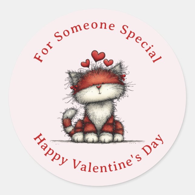Cat with Red Love Hearts Cute Fun Valentine's Day Classic Round Sticker (Front)