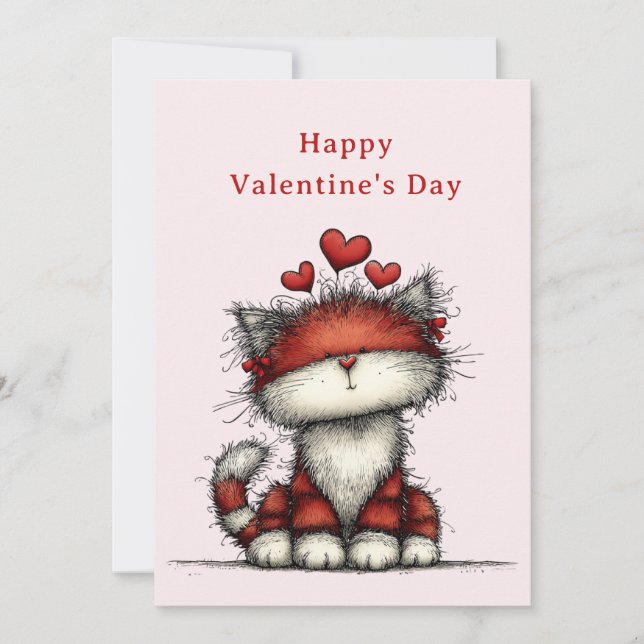 Cat with Red Love Hearts Cute Fun Valentine's Day Holiday Card (Front)