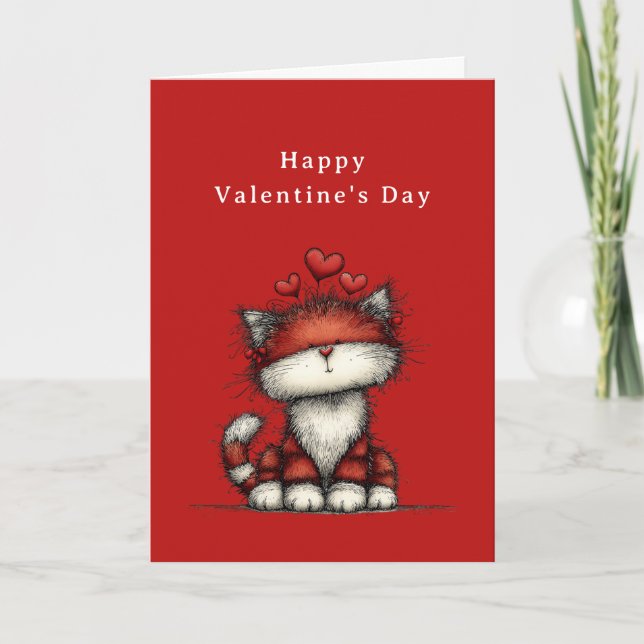 Cat with Red Love Hearts Cute Fun Valentine's Day Holiday Card (Front)