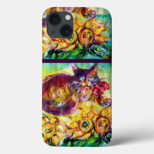 CAT WITH RED RIBBON AND SUNFLOWERS iPhone 13 CASE