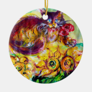 CAT WITH RED RIBBON AND SUNFLOWERS CERAMIC ORNAMENT