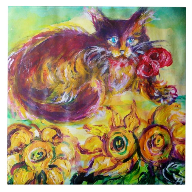 CAT WITH RED RIBBON AND SUNFLOWERS CERAMIC TILE (Front)