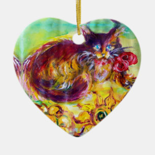 CAT WITH RED RIBBON AND SUNFLOWERS CERAMIC TREE DECORATION