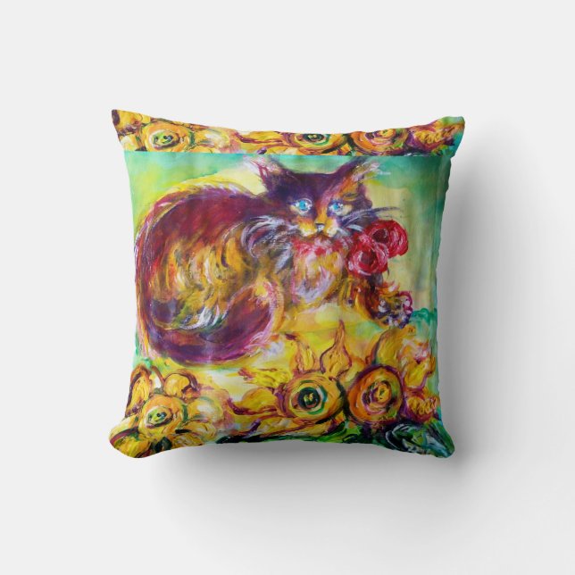 CAT WITH RED RIBBON AND SUNFLOWERS CUSHION (Front)