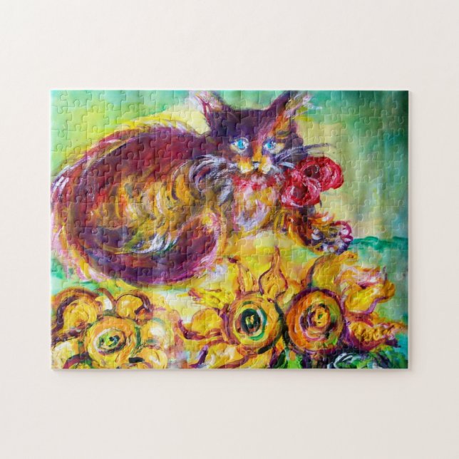 CAT WITH RED RIBBON AND SUNFLOWERS JIGSAW PUZZLE (Horizontal)