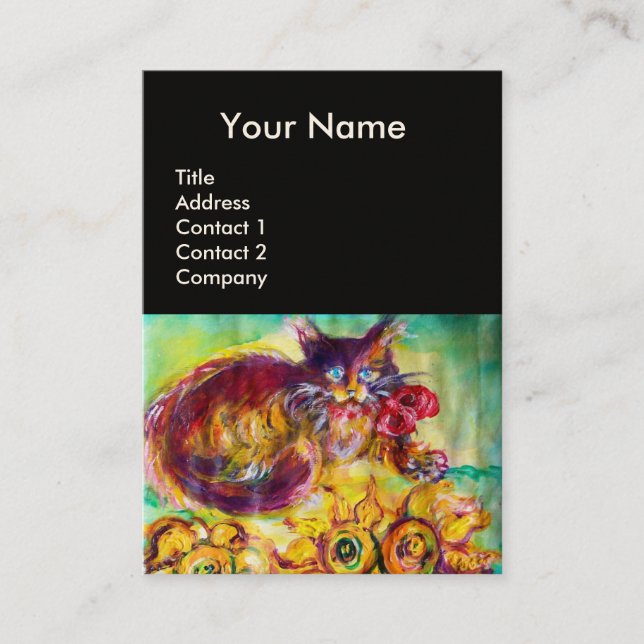 CAT WITH RED RIBBON AND SUNFLOWERS MONOGRAM BUSINESS CARD (Front)