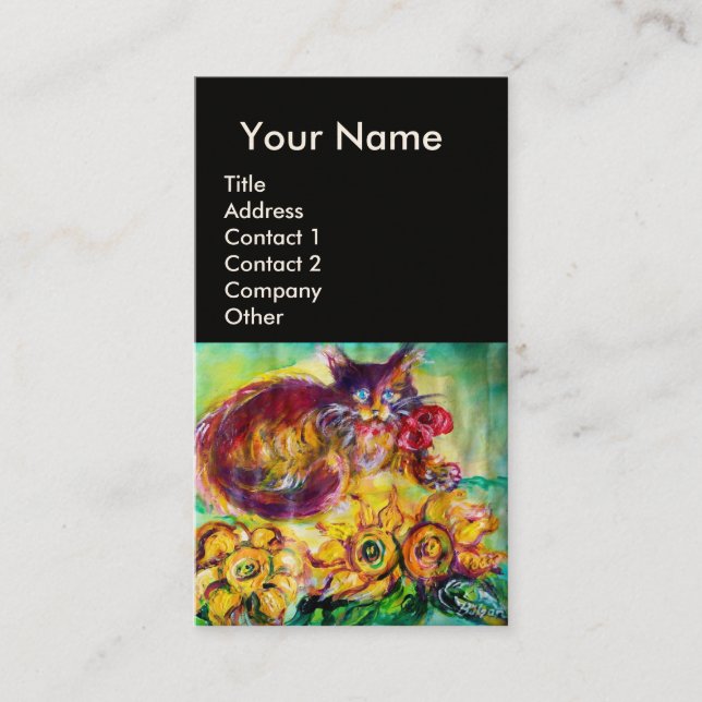CAT WITH RED RIBBON AND SUNFLOWERS MONOGRAM BUSINESS CARD (Front)