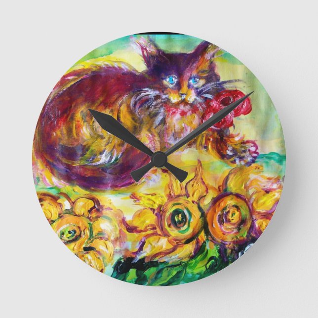 CAT WITH RED RIBBON AND SUNFLOWERS ROUND CLOCK (Front)