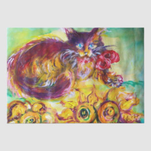 CAT WITH RED RIBBON AND SUNFLOWERS TISSUE PAPER