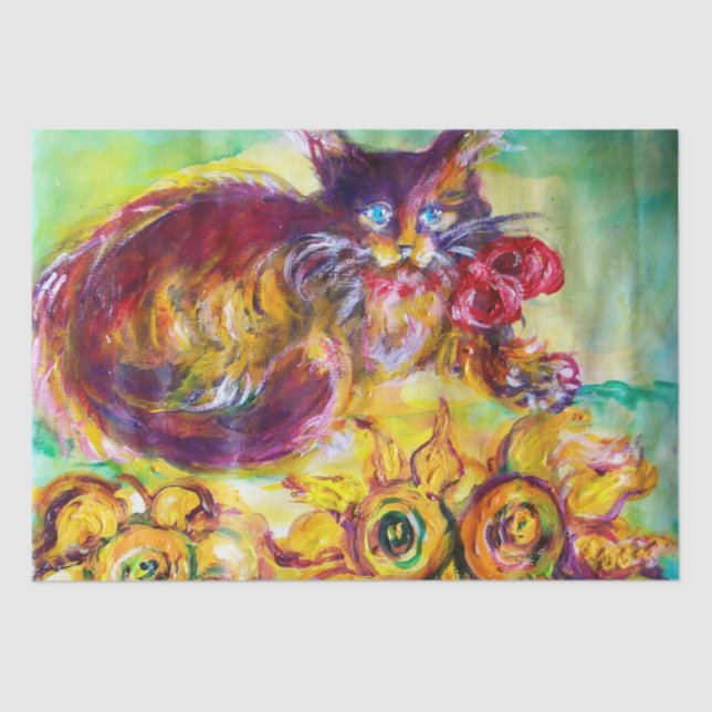 CAT WITH RED RIBBON AND SUNFLOWERS TISSUE PAPER (Front)