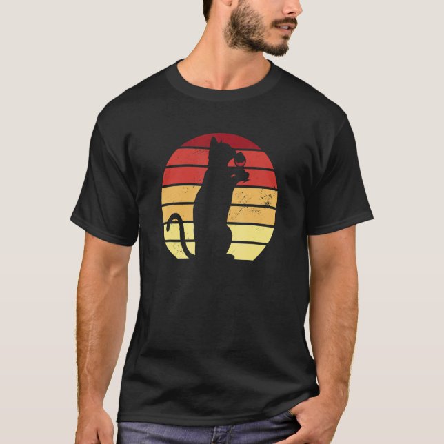 Cat With Retro Sun Drinking Wine T-Shirt (Front)