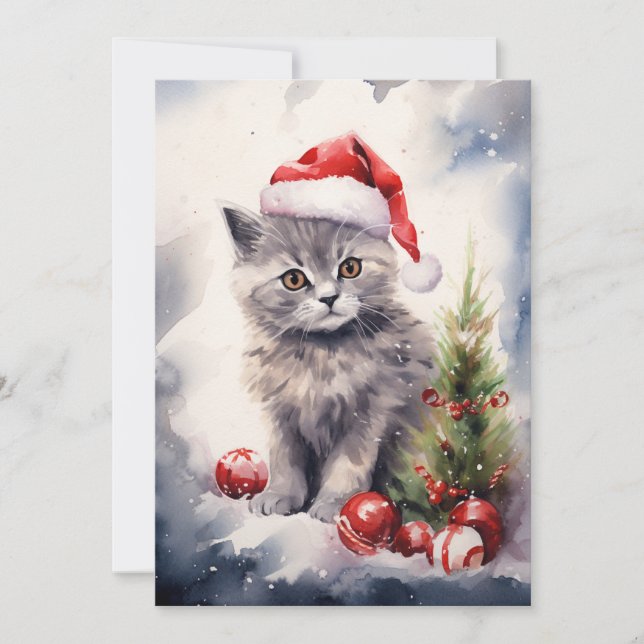 Cat with Santa Hat Christmas Card (Front)