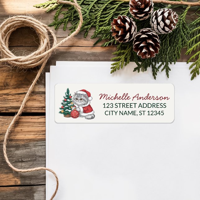 Cat with Santa Hat Christmas tree Return Address   Label (Creator Uploaded)