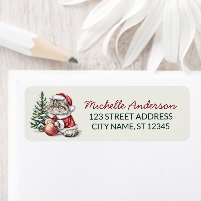 Cat with Santa Hat Christmas tree Return Address   Label (Insitu)