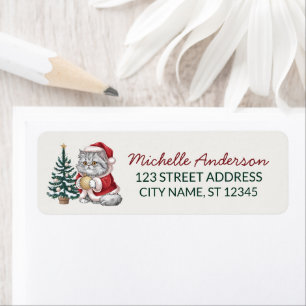 Cat with Santa Hat Christmas tree Return Address Label