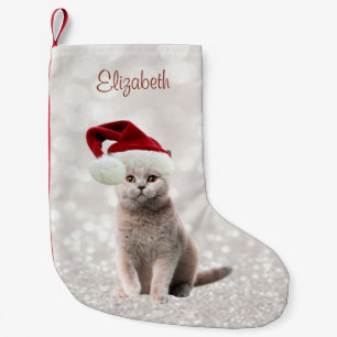 Cat With Santa Hat ,Glittery Bokeh Small Christmas Stocking