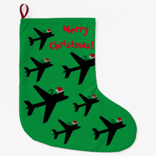 Cat with Santa hat on an airplane Large Christmas Stocking
