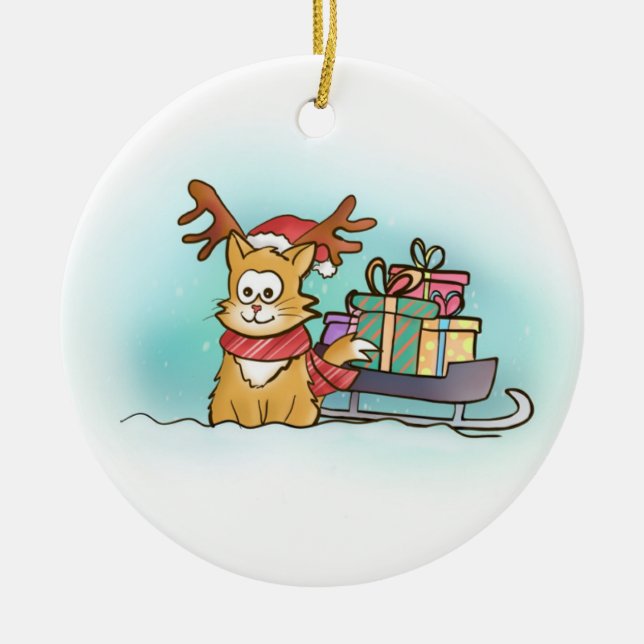 Cat with Santa Reindeer Hat delivering Presents Ceramic Ornament (Front)