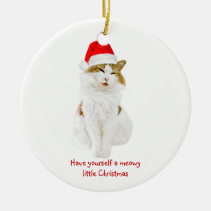 Cat with Santa's Hat Ceramic Ornament