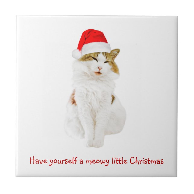 Cat with Santa's Hat Ceramic Tile (Front)