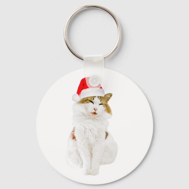 Cat with Santa's Hat Key Ring (Front)