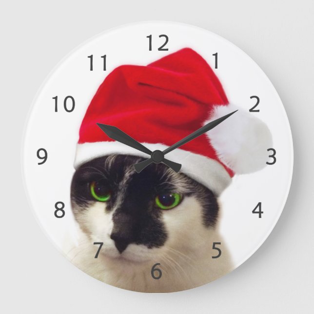Cat with Santa's Hat Large Clock (Front)