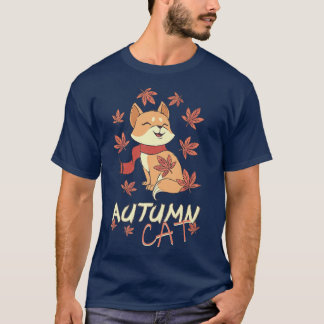 Cat with scarf autumn leaves Autumn funny cat love T-Shirt