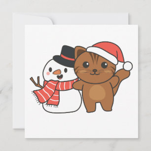 Cat With Snowman In Winter For Christmas Holiday C Card