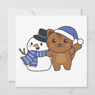 Cat With Snowman In Winter For Christmas Holiday Card