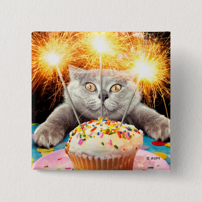 Cat With Sparkler Cupcake 15 Cm Square Badge (Front)