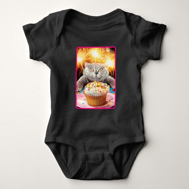 Cat With Sparkler Cupcake Baby Bodysuit (Front)