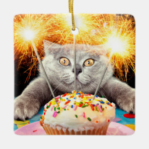 Cat With Sparkler Cupcake Ceramic Ornament