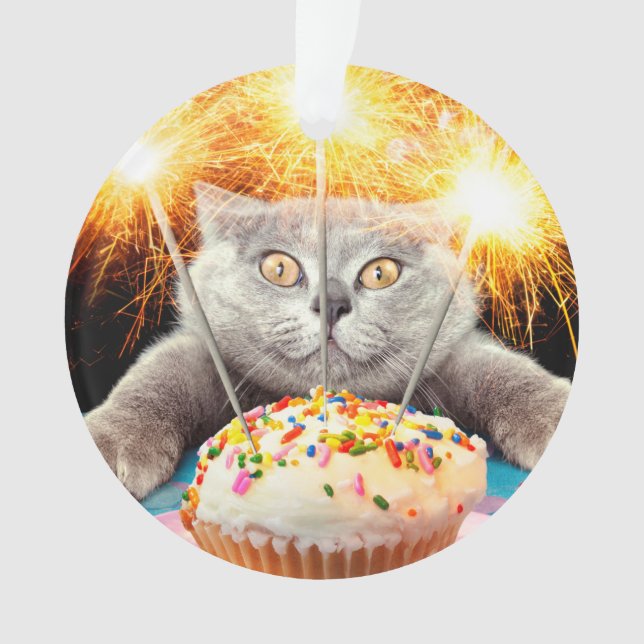 Cat With Sparkler Cupcake Ornament (Front)