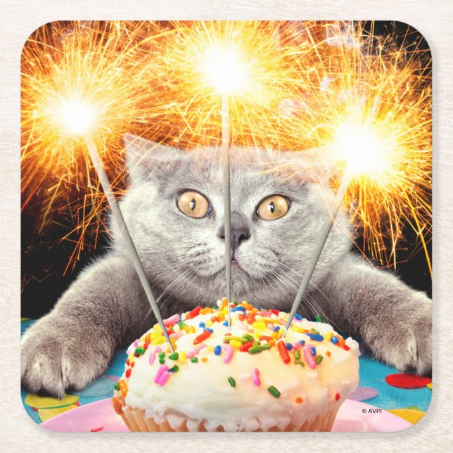 Cat With Sparkler Cupcake Square Paper Coaster (Front)
