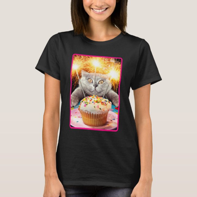 Cat With Sparkler Cupcake T-Shirt (Front)